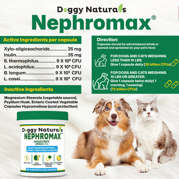 NephroMax Synbiotic Capsules for Kidney Support for Dogs & Cats (120 Capsules) Made In U.S.A