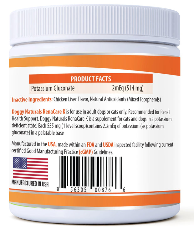 RenaCare K is for Renal K (Potassium Gluconate) Potassium Supplement Powder for Dogs and Cats,(4 oz)with Chicken Liver Flavor-215 Level Scoop ( U.S.A)