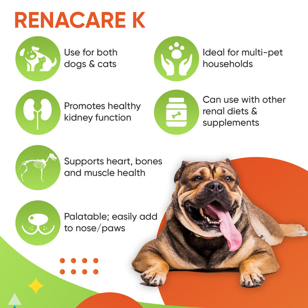 RenaCare K is for Renal K (Potassium Gluconate) Potassium Supplement Powder for Dogs and Cats,(4 oz)with Chicken Liver Flavor-215 Level Scoop ( U.S.A)