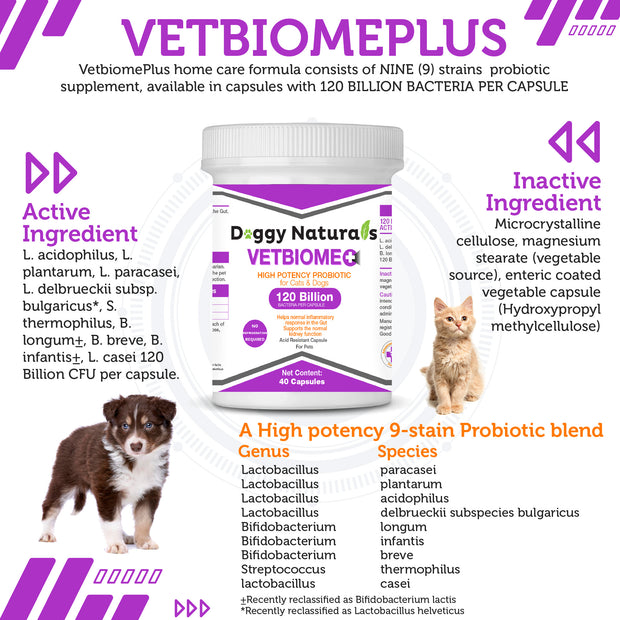 Vetbiome Plus Probiotics for Pet - 120 Billion CFUs ( 40 Capsules ) Made in U.S.A - NO Refrigeration Required !!